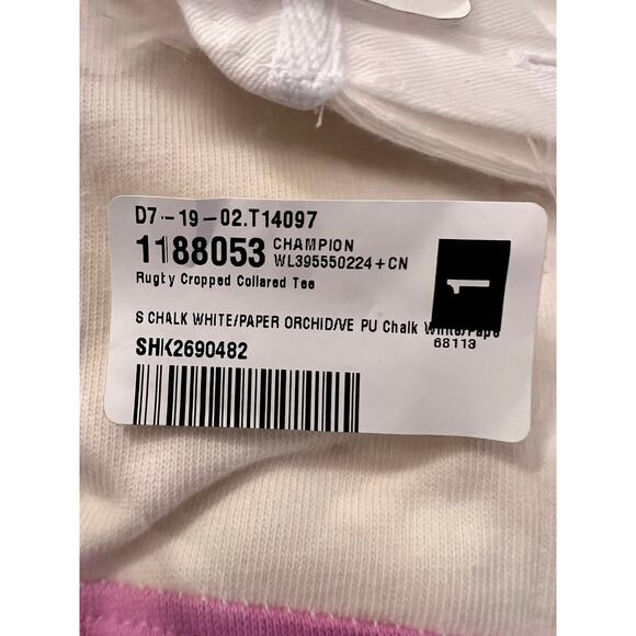 NEW Champion Rugby Cropped Collared Tee Women’s Small Beige Orchid Logo - Picture 9 of 11